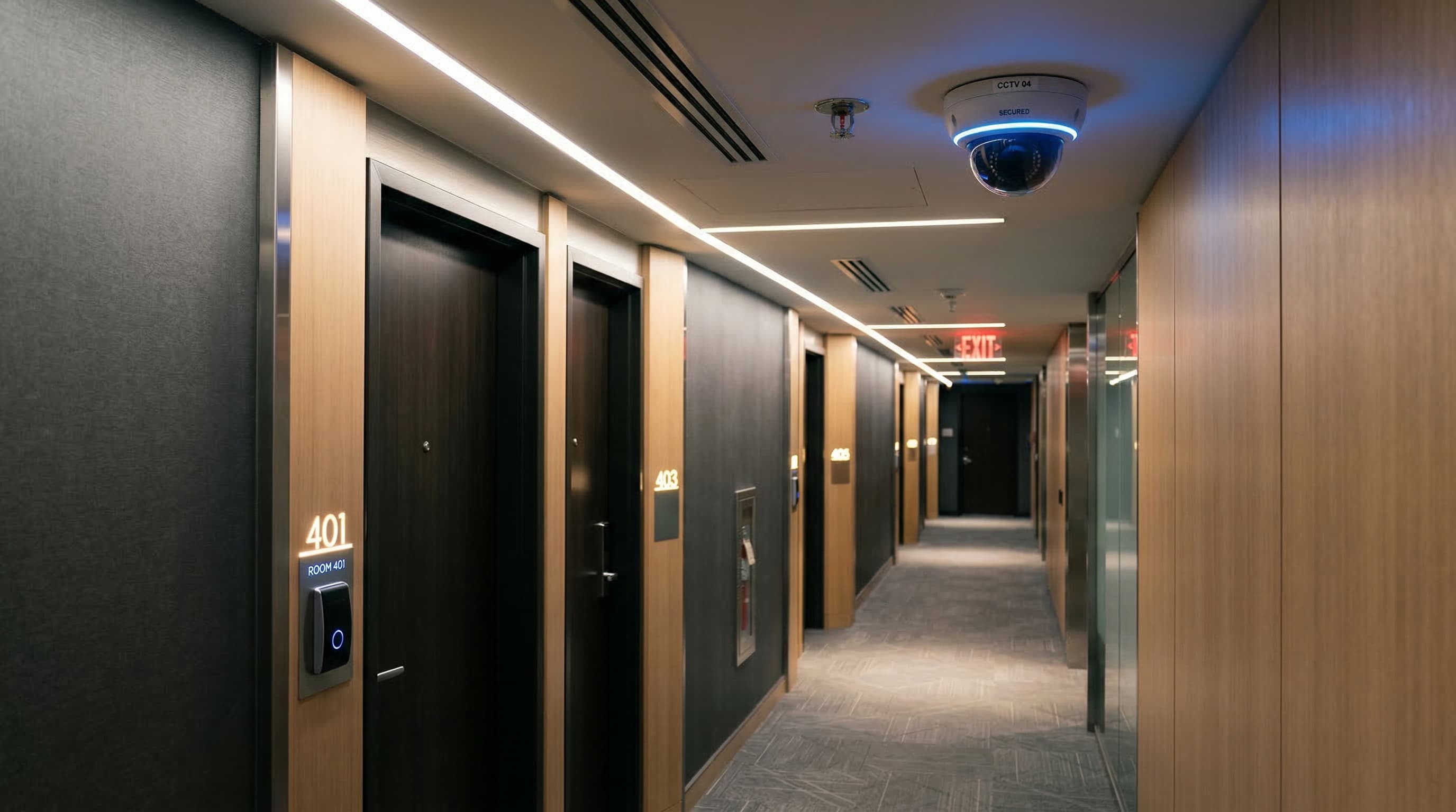 Modern commercial lodging corridor with visible security infrastructure
