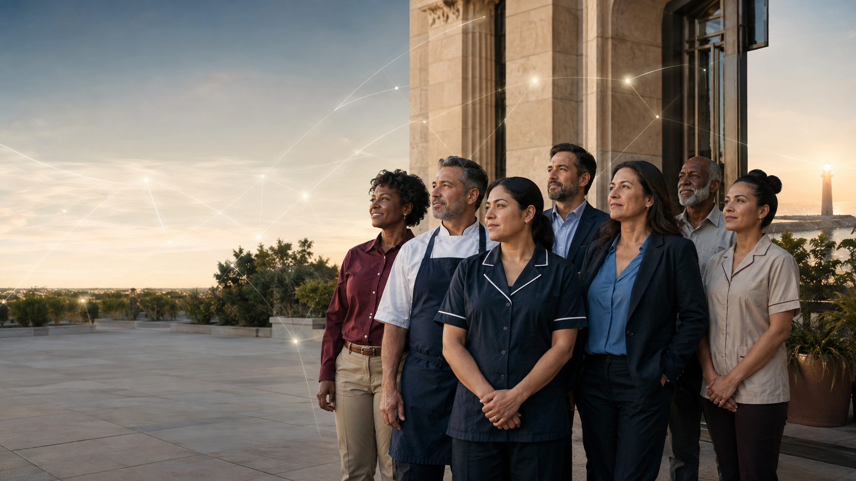 Mission artwork showing hospitality professionals standing together, including housekeeping, kitchen, front desk, maintenance, and security roles.